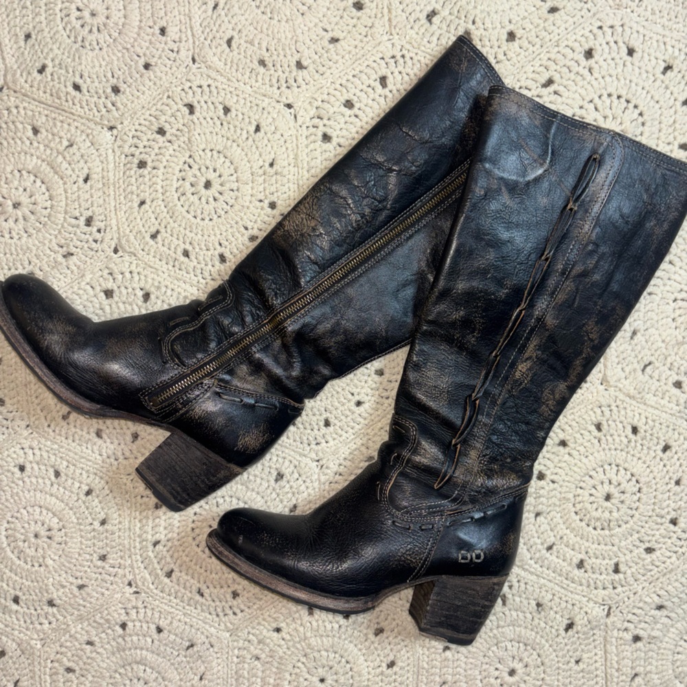 BED|STU Distressed Black Leather Heeled Boots